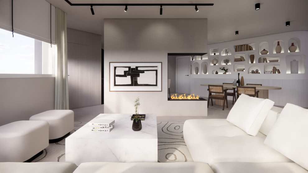 Foto de salón abierto y beige y blanco actual con suelo de cemento, chimenea de doble cara, marco de chimenea de metal, televisor colgado en la pared, alfombra, paredes blancas y suelo beige