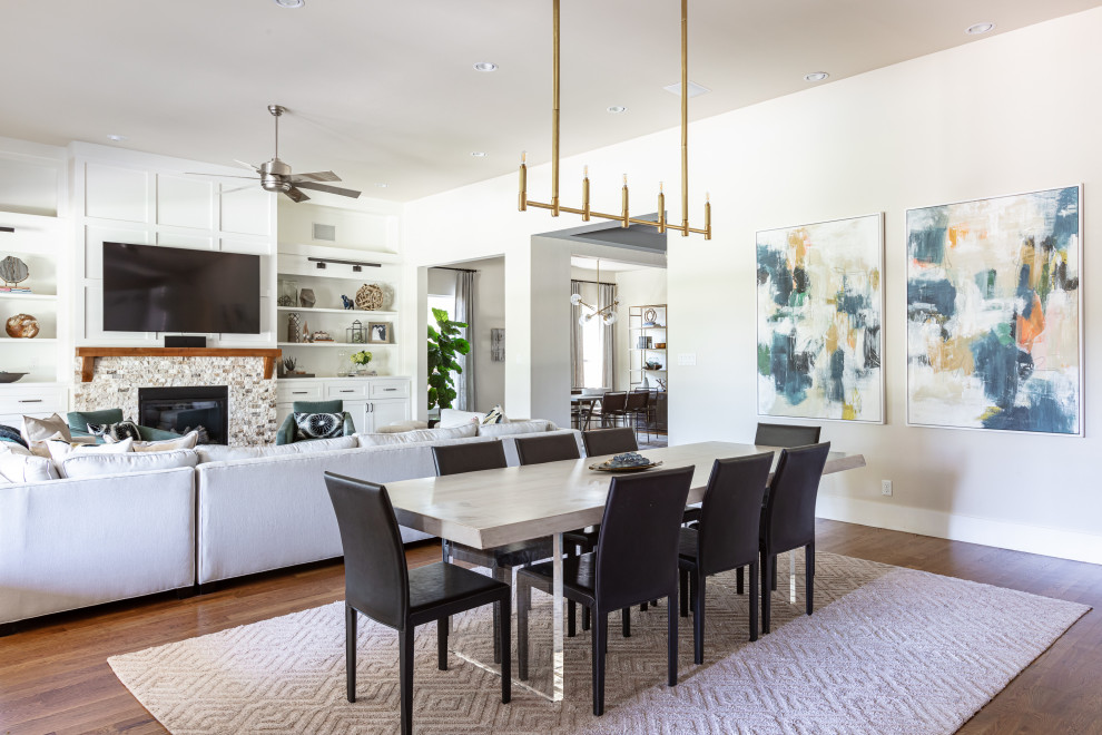 Inspiration for a contemporary open plan dining in Dallas with white walls, dark hardwood floors and brown floor.