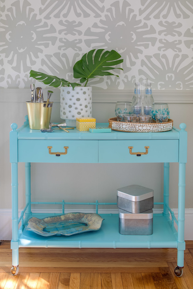 Small beach style bar cart in Providence with no sink, blue cabinets, medium hardwood floors and turquoise benchtop.