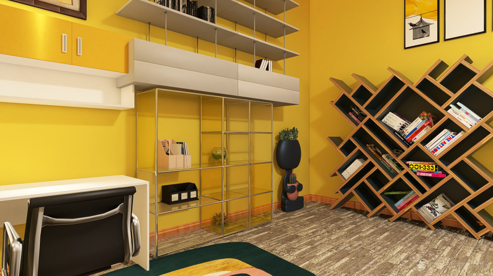 Großes Modernes Lesezimmer mit gelber Wandfarbe, hellem Holzboden, Kamin, Kaminumrandung aus Beton, freistehendem Schreibtisch, braunem Boden, eingelassener Decke und Holzdielenwänden in London