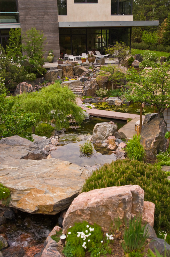Design ideas for an asian garden in Denver with a water feature.
