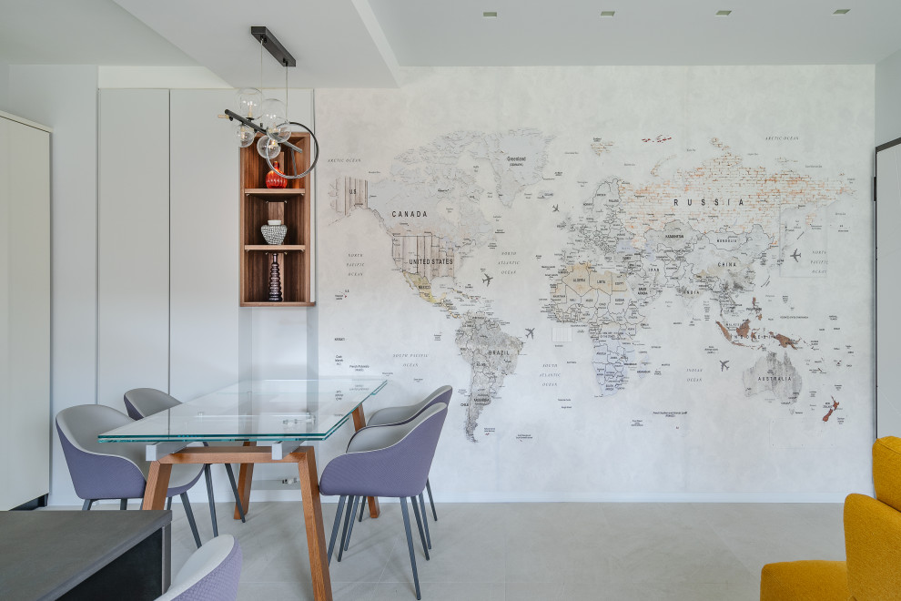 Idées déco pour une salle à manger ouverte sur le salon scandinave avec un mur multicolore et un sol en carrelage de céramique.