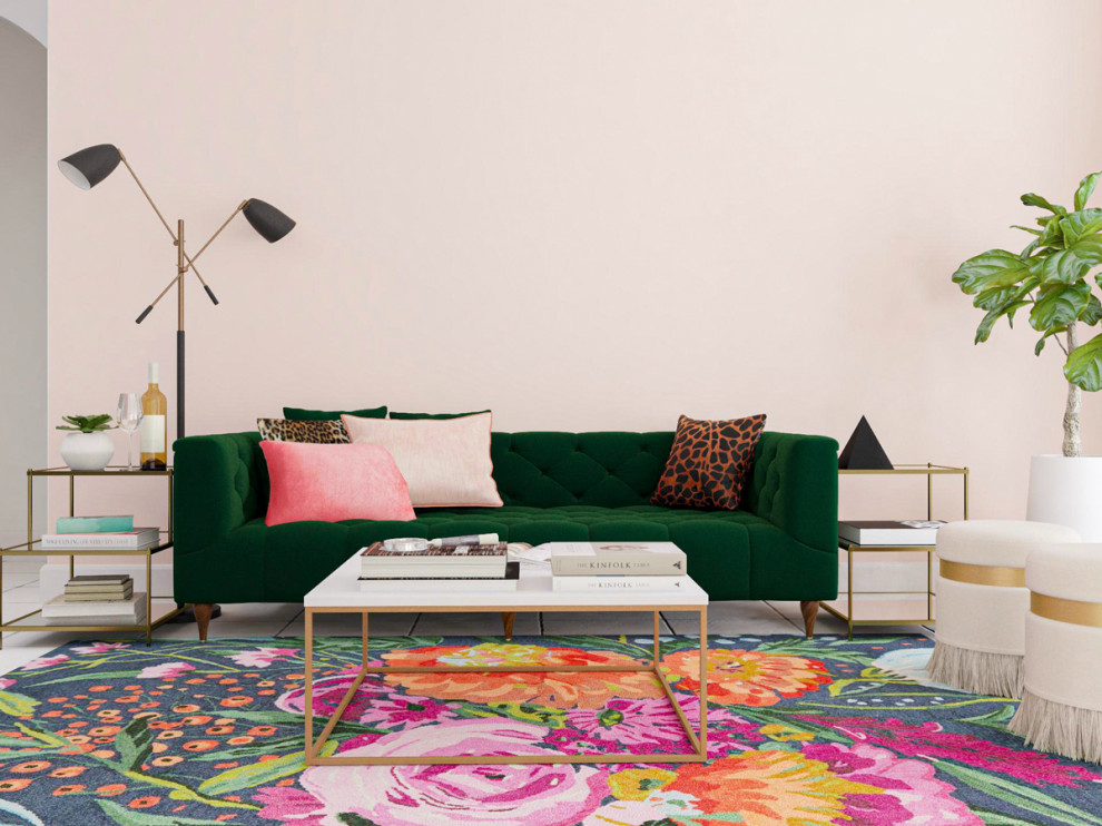 Immagine di un grande soggiorno minimal con pareti rosa e pavimento con piastrelle in ceramica