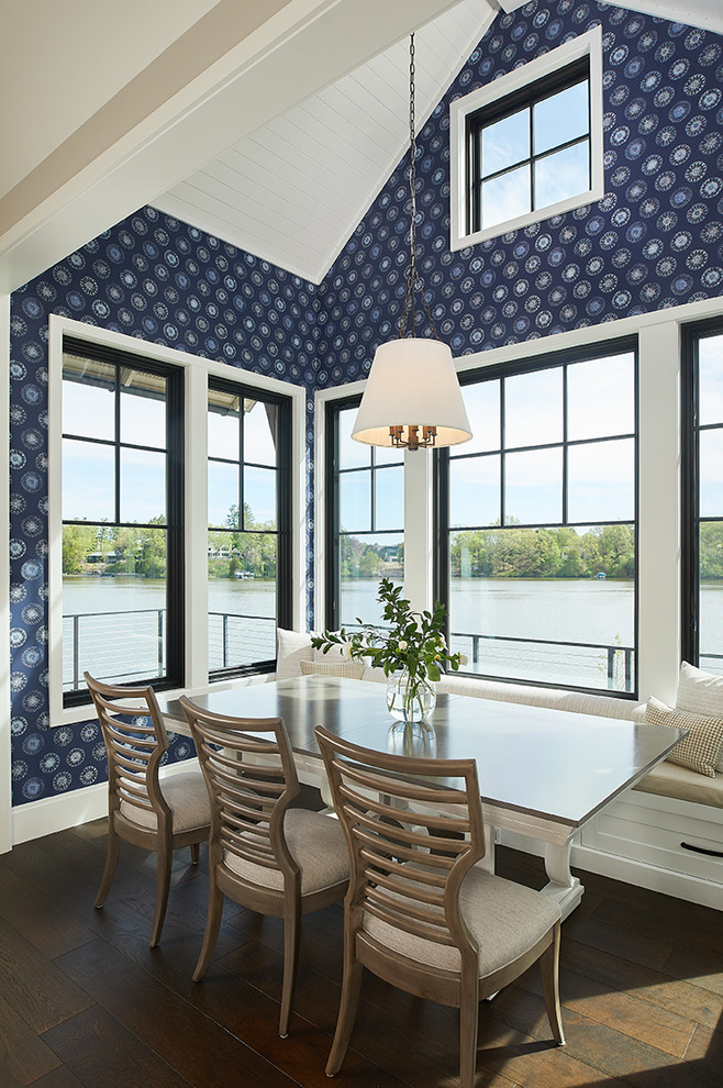 Transitional dark wood floor, brown floor, shiplap ceiling and wallpaper breakfast nook photo in Grand Rapids with blue walls