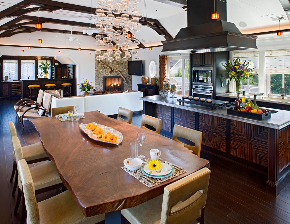 Design ideas for a contemporary open plan dining in DC Metro with white walls and dark hardwood floors.