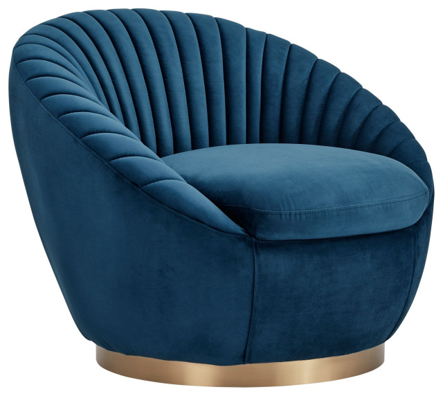 34 Inch Fabric Upholstered Swivel Accent Chair, Blue And Gold Contemporary Armchairs And
