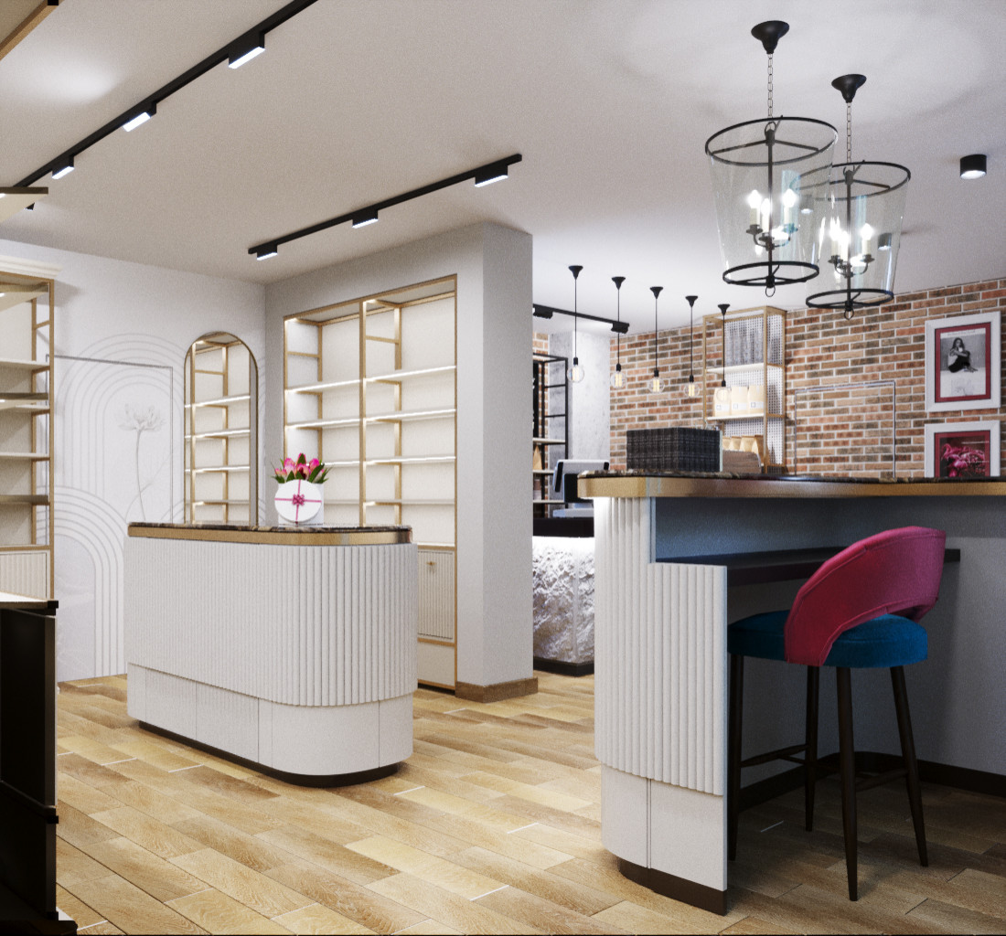 Дизайн интерьера магазина парфюмерии с зоной кафе в аутентичном стиле.