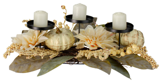 21" White Dahlia and Pumpkin Fall Candle Holder Centerpiece