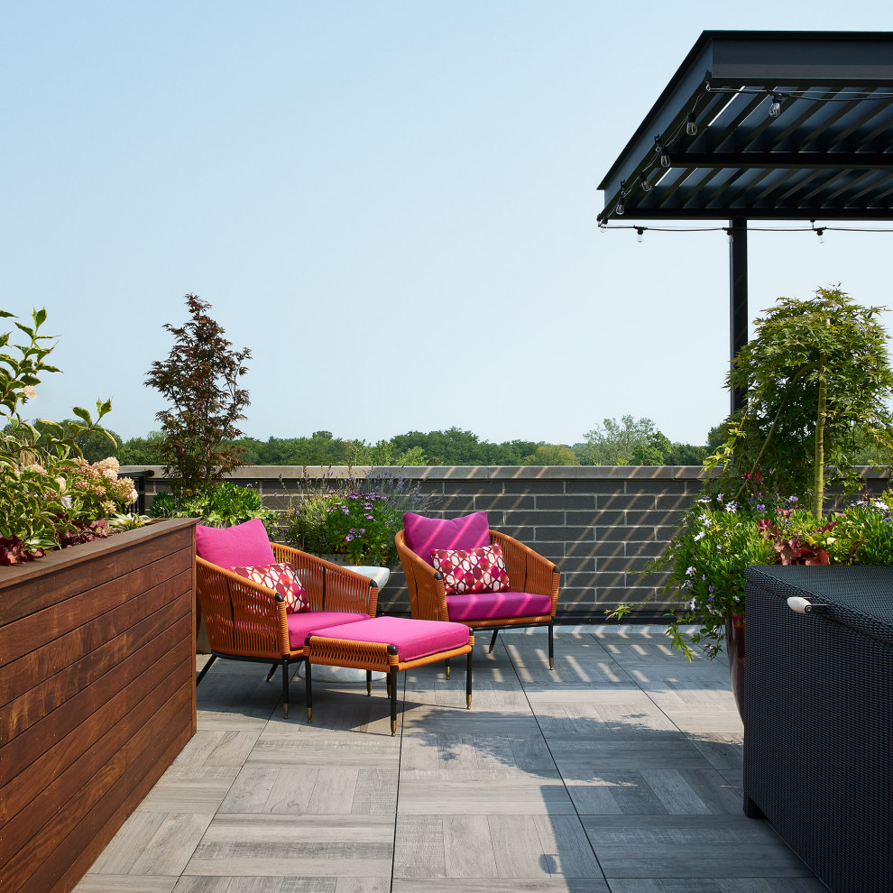 Immagine di un grande patio o portico classico con un giardino in vaso, pavimentazioni in cemento e una pergola