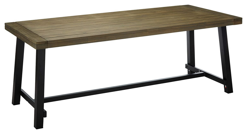 Rectangular Patio Dining Table, Trestle Metal Base With Acacia Wood Top