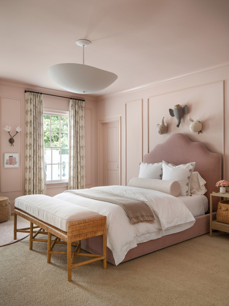 Atlanta Traditional - Kids' room - traditional carpeted, beige floor and wall paneling kids' room idea in Atlanta with pink walls