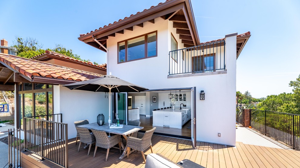 Deck - large transitional backyard deck idea with a fire pit and no cover