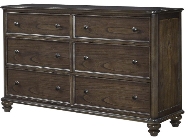 Traditional Double Dresser, 6 Drawers With Round Pull Handles, Aged Oak Finish