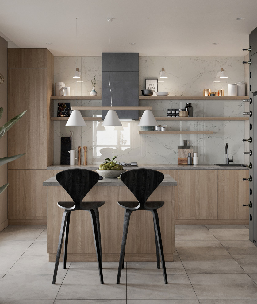 Mid-sized scandinavian single-wall open plan kitchen in Other with a drop-in sink, flat-panel cabinets, medium wood cabinets, solid surface benchtops, white splashback, porcelain splashback, black appliances, medium hardwood floors, with island, beige floor and grey benchtop.