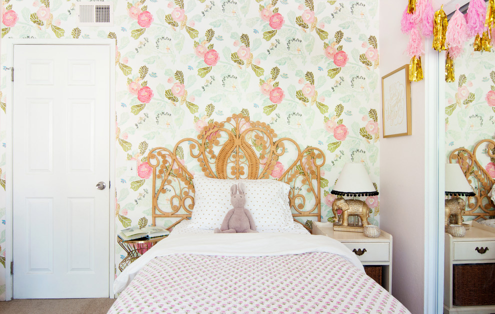 Eclectic kids' bedroom in Los Angeles with multi-coloured walls for kids 4-10 years old and girls.