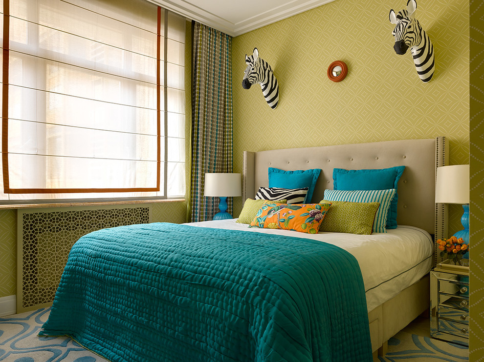 This is an example of an eclectic master bedroom in Moscow with green walls, carpet and multi-coloured floor.