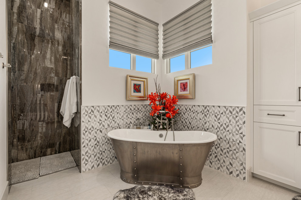 Inspiration for an expansive rustic ensuite bathroom in Other with recessed-panel cabinets, a freestanding bath, an alcove shower, an open shower, a wall niche, double sinks and exposed beams.