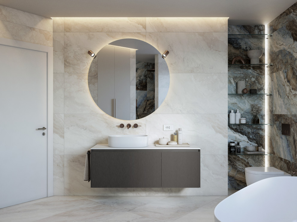 Inspiration for a medium sized contemporary ensuite wet room bathroom in Milan with raised-panel cabinets, brown cabinets, a freestanding bath, a bidet, blue tiles, porcelain tiles, grey walls, porcelain flooring, a vessel sink, solid surface worktops, beige floors, an open shower, white worktops, a wall niche, a single sink, a floating vanity unit and a drop ceiling.