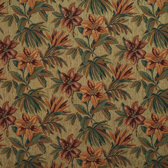 Green Red And Orange Floral Chenille Upholstery Fabric By The Yard, By