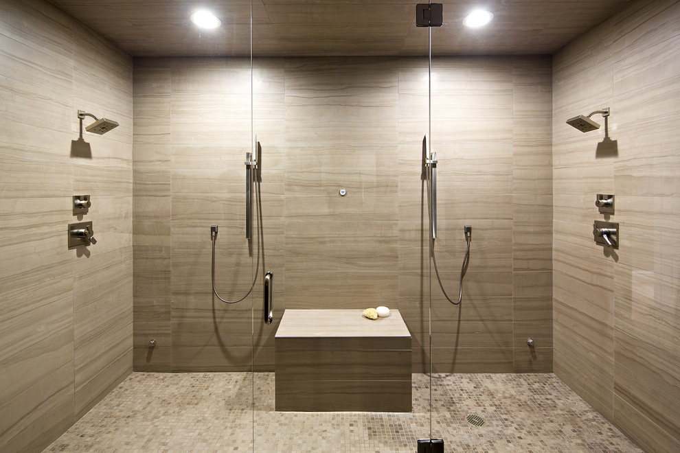 Photo of a large modern master bathroom in Denver with an alcove shower, beige tile, porcelain tile, brown walls and ceramic floors.