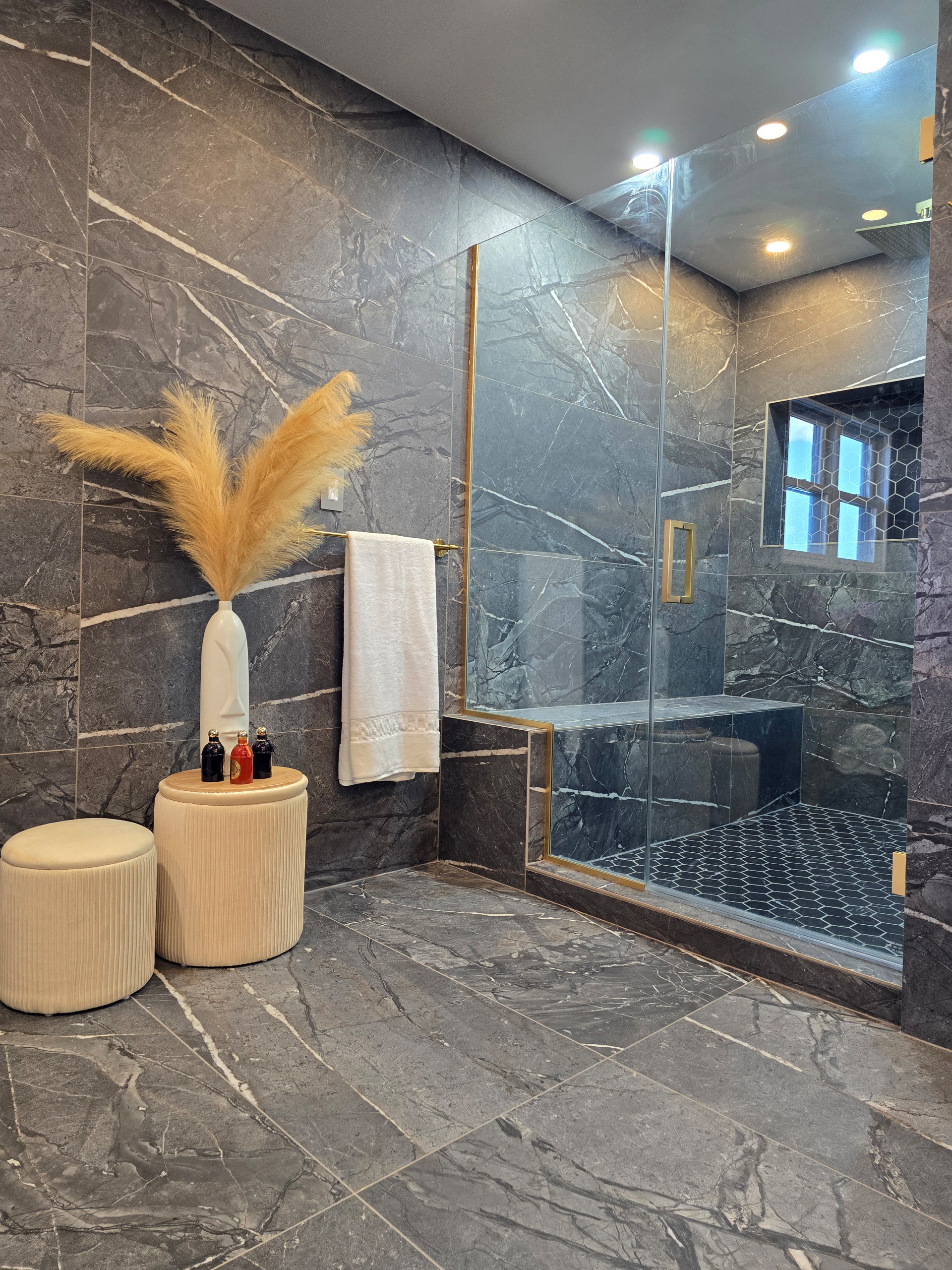 Main Bath full remodeling with custom vanity, freestanding tub & walk-in shower
