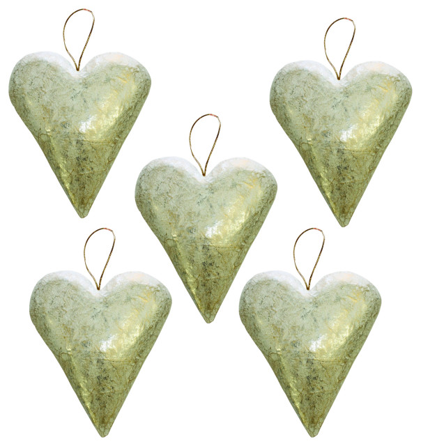 Luxe Metallic Silver Heart Ornament Set 5 Love Romantic 13 in Metallic Hanging