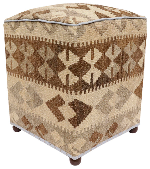 Modern Chaffin Handmade Kilim Upholstered Ottoman, 16 in. x 16 in. x 21 in. Southwestern
