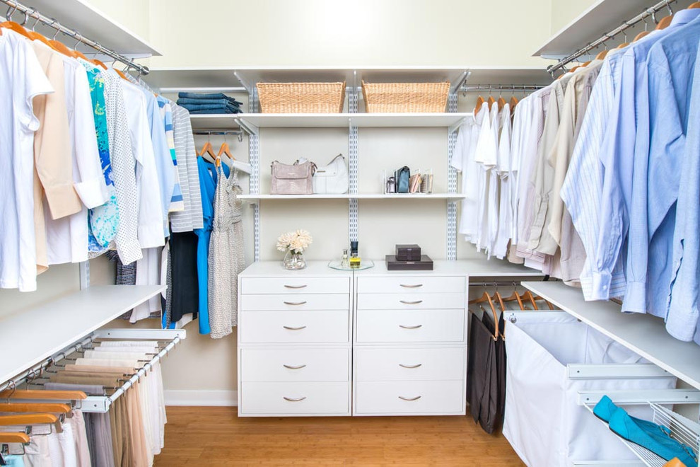 Design ideas for a large modern gender-neutral walk-in wardrobe in Detroit with flat-panel cabinets and white cabinets.