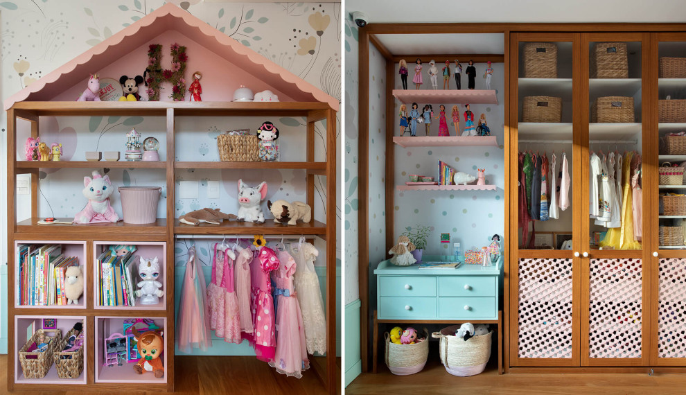 This is an example of a medium sized modern toddler’s room for girls in Dallas with light hardwood flooring.