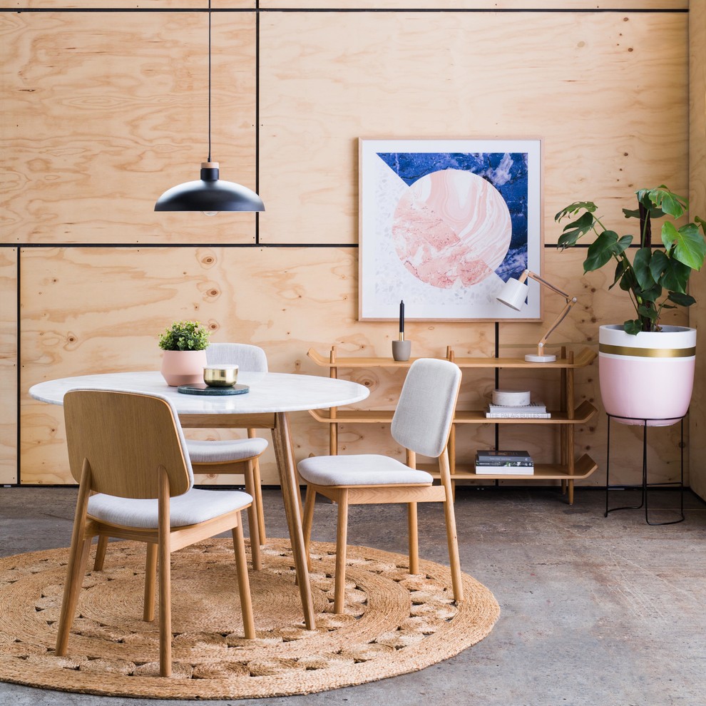 Photo of a mid-sized scandinavian dining room in Sydney with beige walls, concrete floors, no fireplace and brown floor.