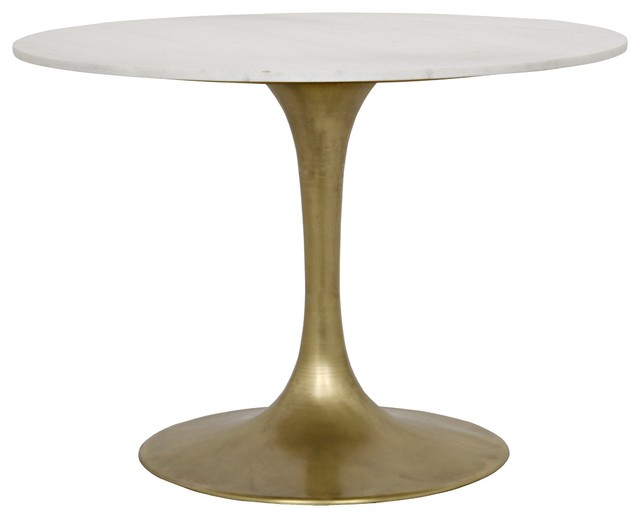 40" Round Dining Table Antique Brass Finish Metal Base White Quartz Stone Midcentury Dining