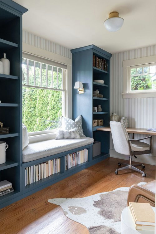 Cette photo montre un bureau tendance de taille moyenne et de type studio avec un sol en bois brun, aucune cheminée et un bureau intégré.