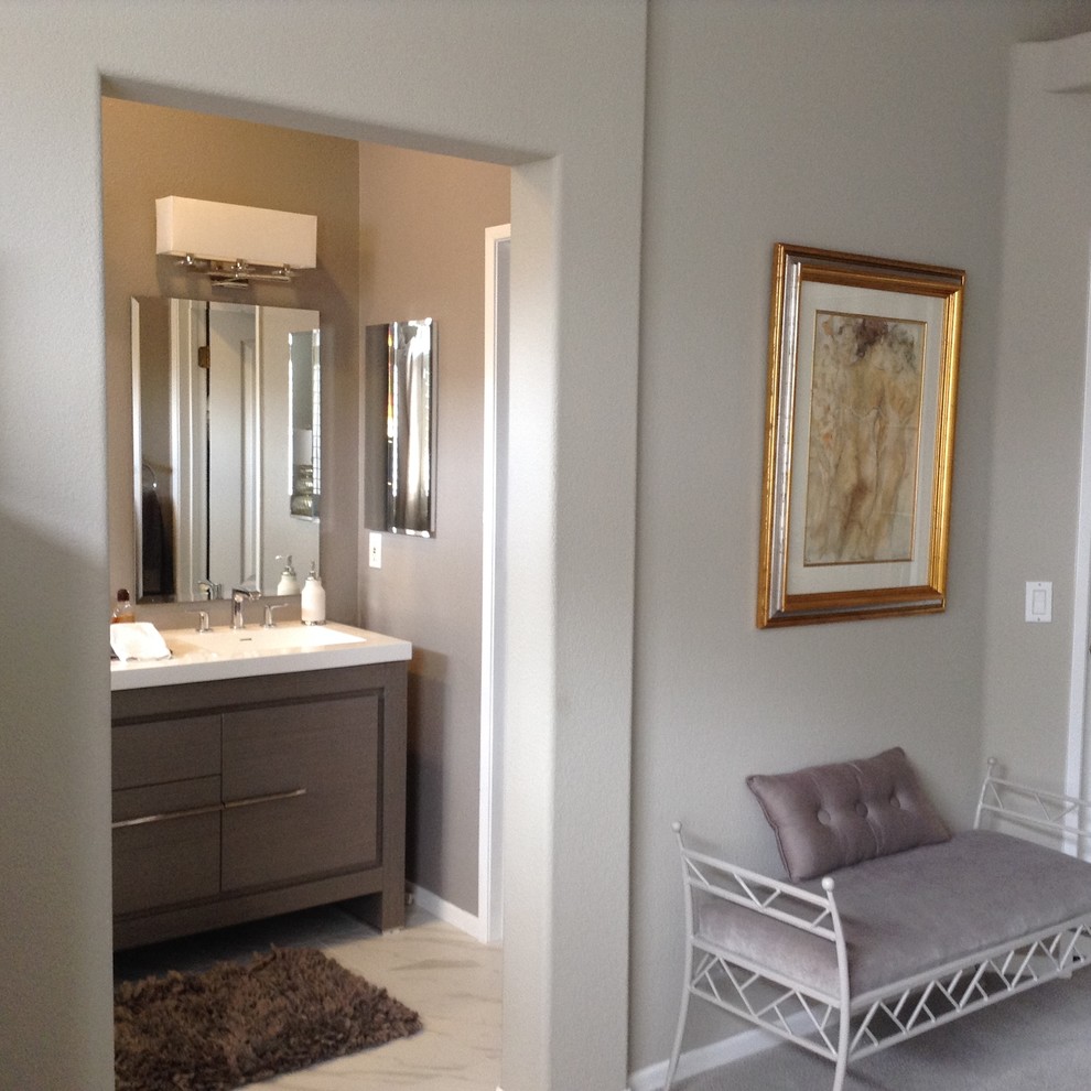 Photo of a mid-sized contemporary master bathroom in San Diego with flat-panel cabinets, grey cabinets, an alcove shower, gray tile, white tile, stone slab, grey walls, marble floors, an undermount sink and engineered quartz benchtops.