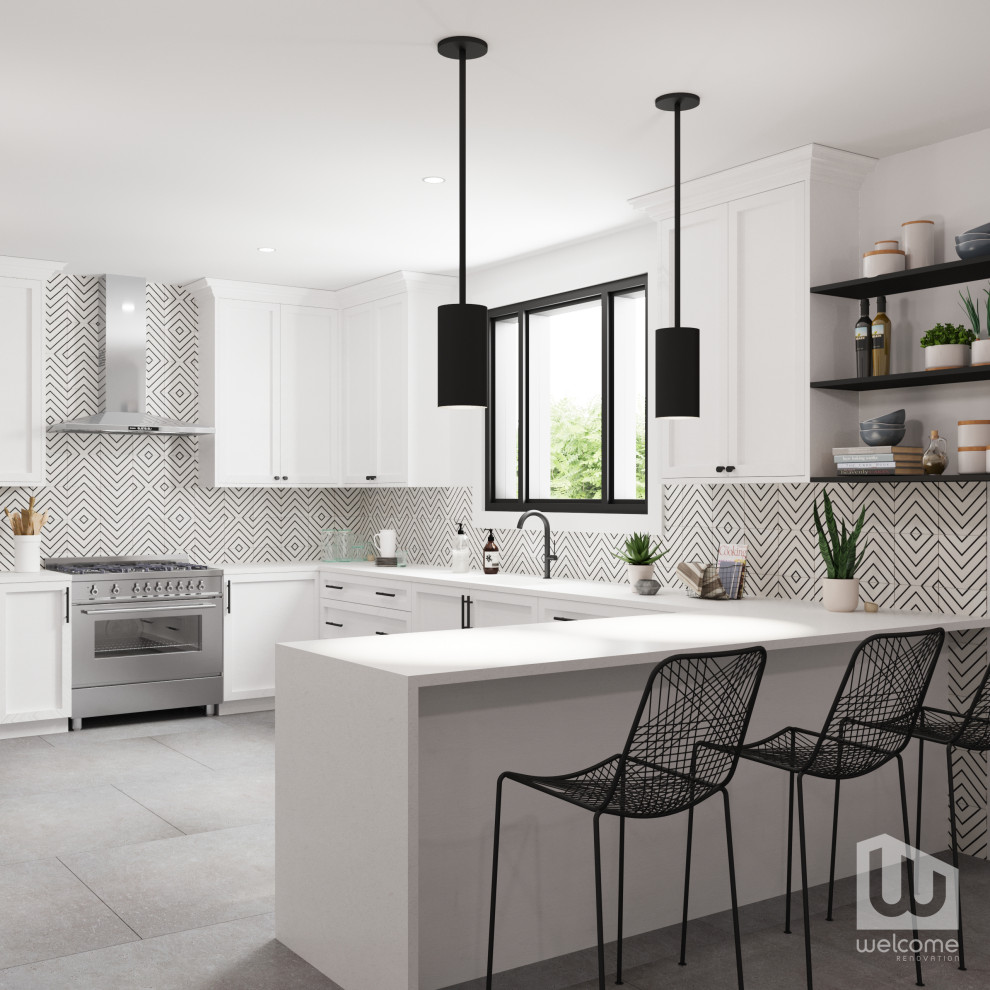 Design ideas for a large traditional u-shaped eat-in kitchen in Los Angeles with an undermount sink, shaker cabinets, white cabinets, quartz benchtops, multi-coloured splashback, cement tile splashback, stainless steel appliances, concrete floors, a peninsula, grey floor and white benchtop.