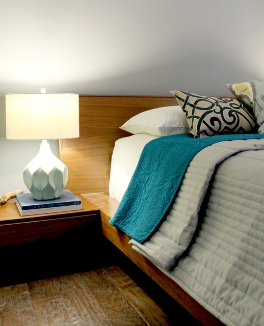 Teal and Aqua Bedding on Wooden Platform Bed Contemporary Bedroom