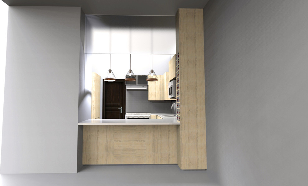 Example of an u-shaped porcelain tile eat-in kitchen design with a double-bowl sink, flat-panel cabinets, light wood cabinets, granite countertops and stainless steel appliances