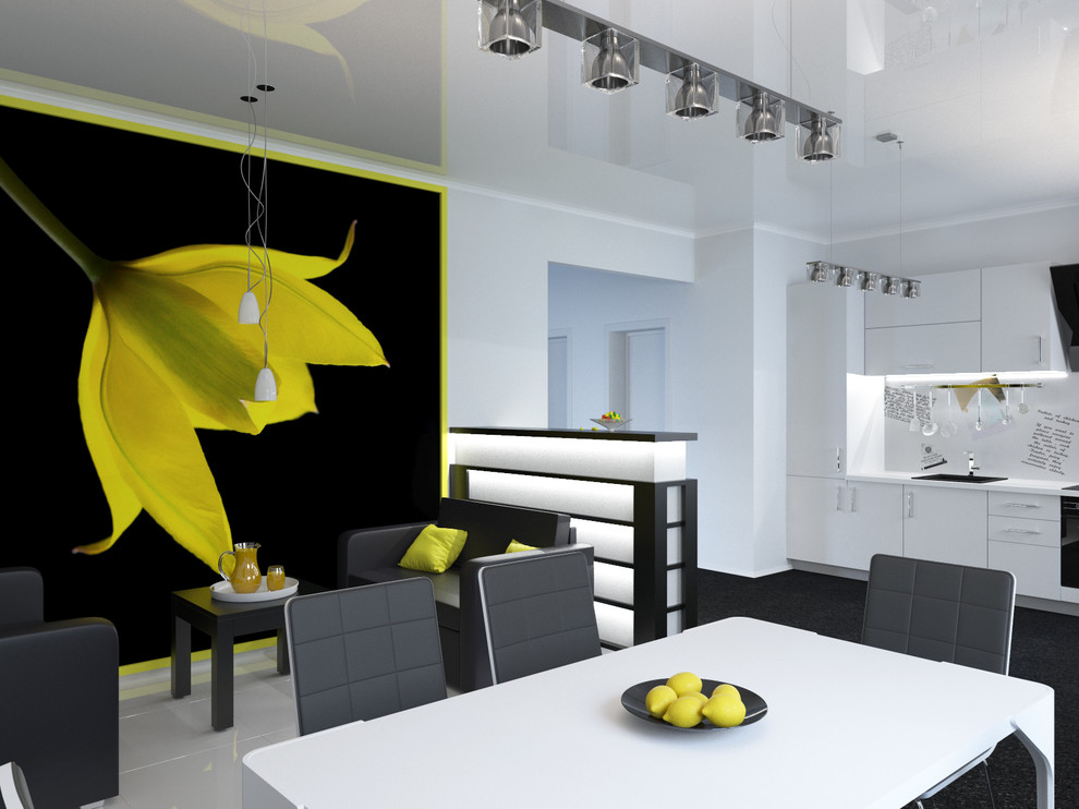Чёрно белая кухня с ярким декором