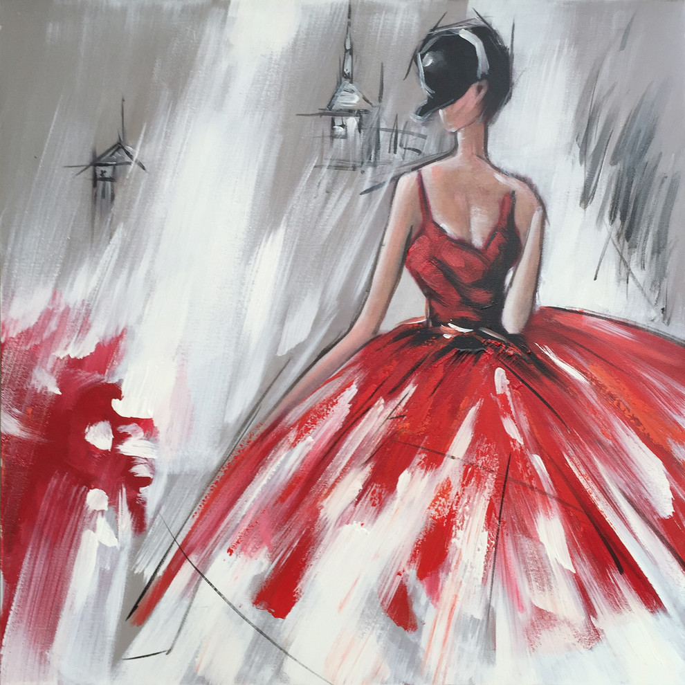 Abstract Hand Painted Dancing "Girl in Red Dress II" Oil Painting -  Contemporary - Paintings - by Bayland Collection | Houzz