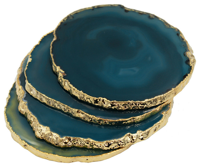 Agate Coasters With GoldPlated Edges, Teal, Set of 4 Eclectic