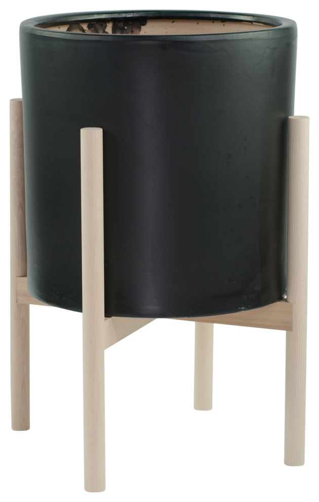 Large Ceramic Pot Cylinder Planter 13" Black With Plant Stand Natural