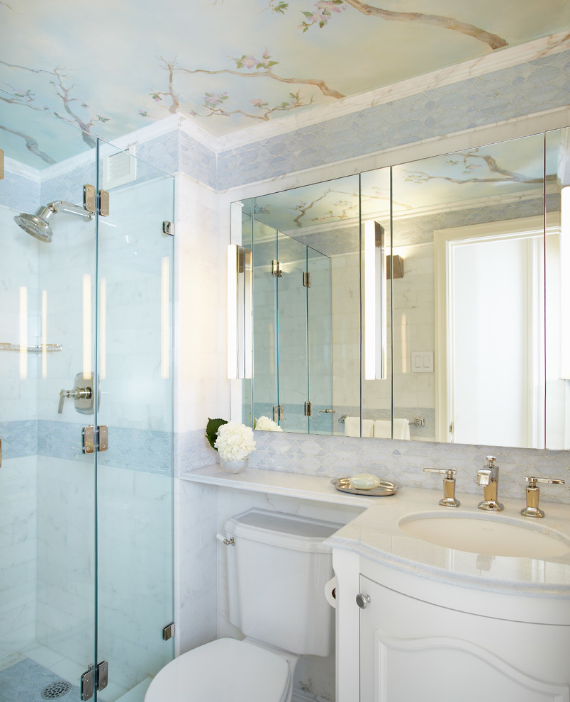 Design ideas for a small traditional master bathroom in New York with an undermount sink, recessed-panel cabinets, white cabinets, marble benchtops, an open shower, a two-piece toilet, white tile, mosaic tile, white walls and marble floors.