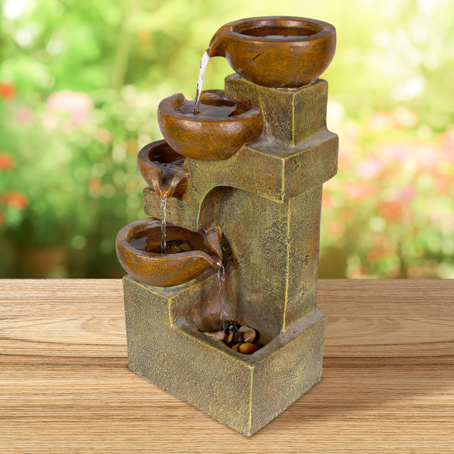 16" Tall Indoor/Outdoor Tabletop 4-Tier Pouring Pots Fountain, Brown