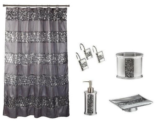 Sinatra Silver Shower Curtain, Set Of 12 Shower Hooks And 4 Piece Resin Set