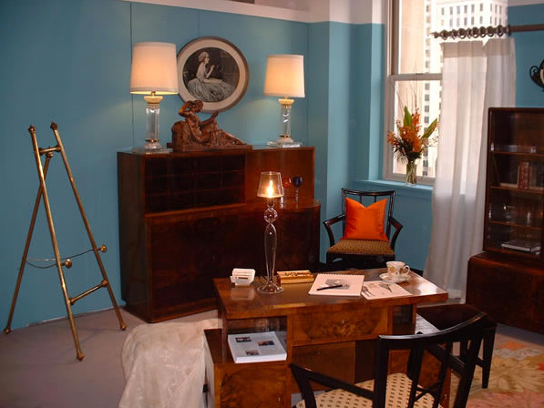 Inspiration for a mid-sized contemporary study room in Other with blue walls, carpet and a freestanding desk.