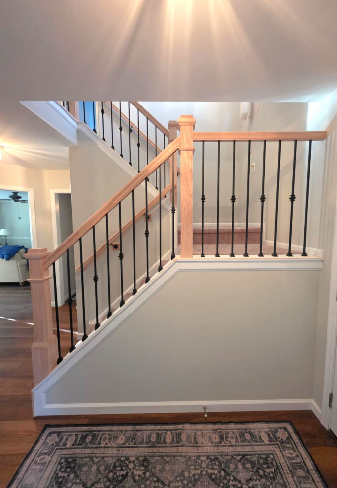 Box Newel Stair Railing with Red Oak Handrail and Knuckle Balusters ...