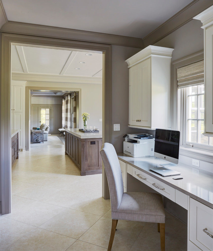 Large transitional u-shaped ceramic tile and gray floor eat-in kitchen photo with a double-bowl sink, raised-panel cabinets, white cabinets, marble countertops, beige backsplash, ceramic backsplash, stainless steel appliances and two islands