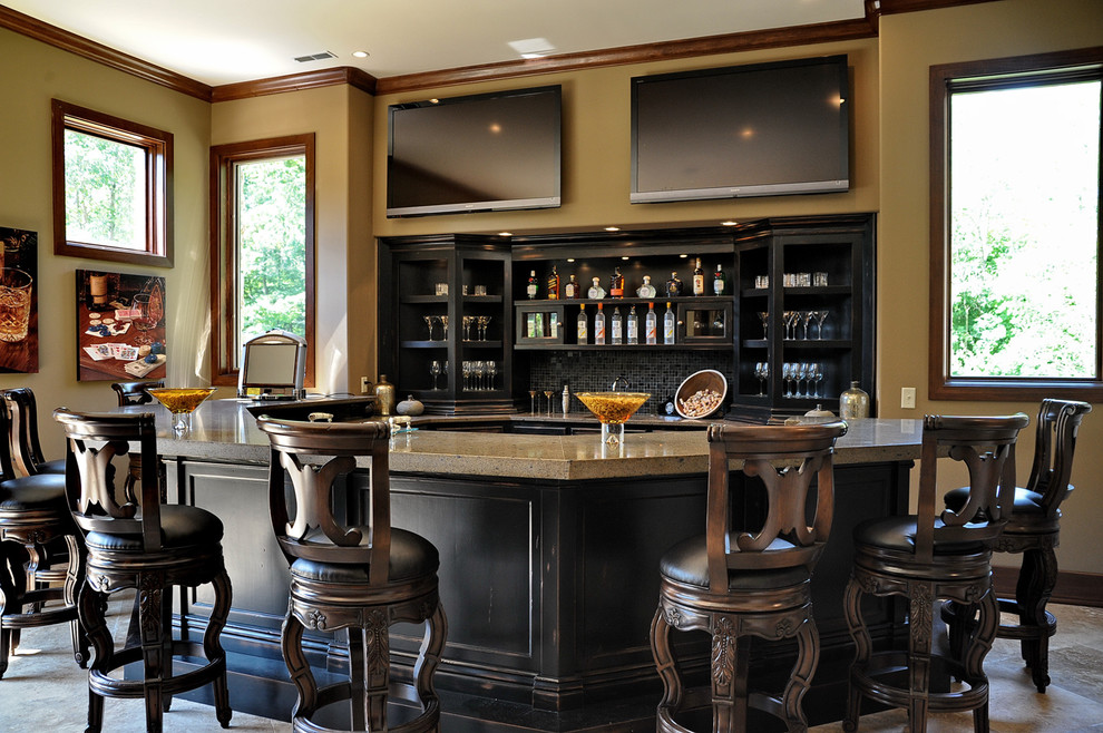 Inspiration for a large traditional u-shaped seated home bar in Indianapolis with open cabinets, black cabinets, black splashback and mosaic tile splashback.