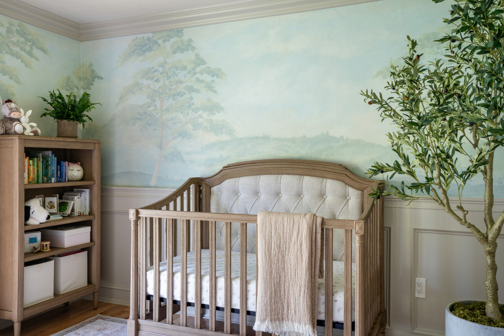 Storybook Nursery - Crib and library area for nursery with custom mural