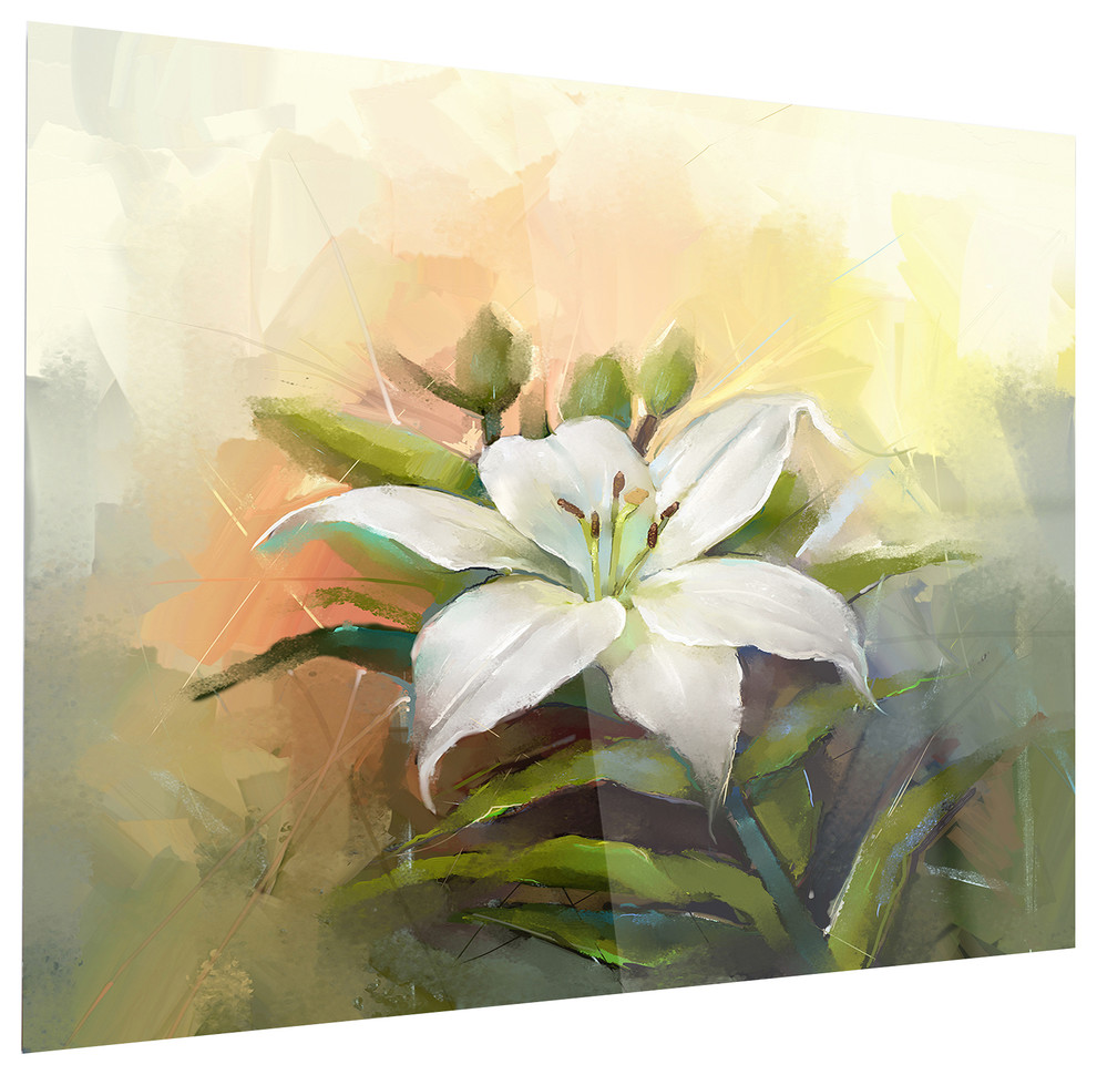 "White Lily Flower Oil Painting" Metal Wall Art, 28"x12" Contemporary Prints And Posters