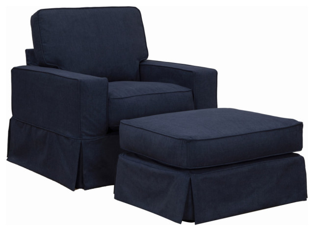 Box Cushion Track Arm Chair and Ottoman Set Fabric Navy Blue